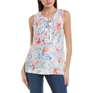 Tommy Bahama Maya Meadows linen tunic white floral pattern lace-up closure Small
